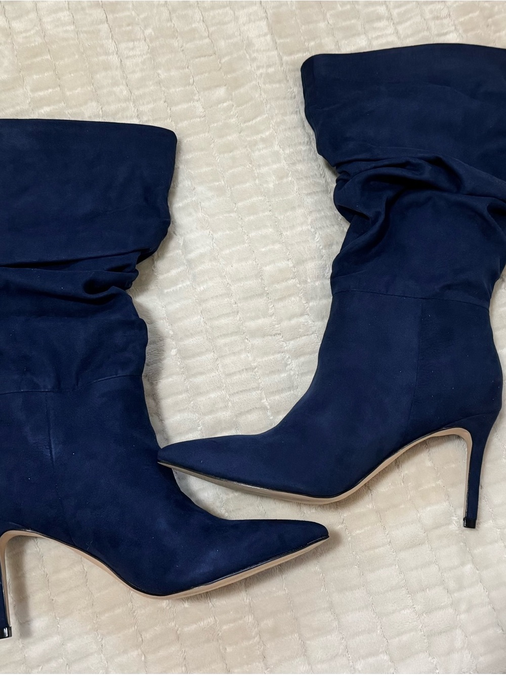 Navy Suede Pointed-Toe Stiletto Knee Boots